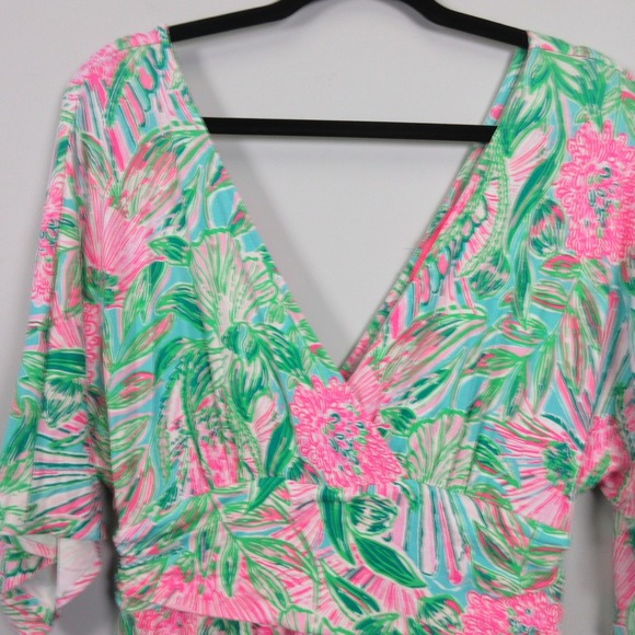 Lilly Pulitzer Parigi Romper Mini Dress M Green Floral V Neck Resort 436 - Picture 7 of 11